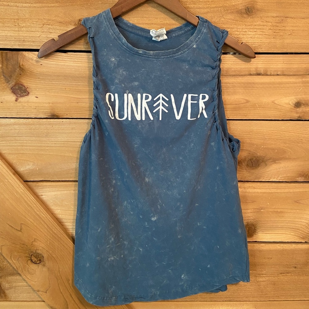 Exist Navy Mineral Wash Graphic “Sunriver” Tank Top with Braided Sleeves